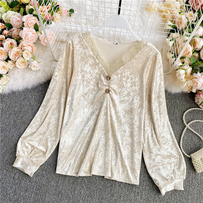 Női bársony ing csipke nyakkivágással és hosszú ujjal