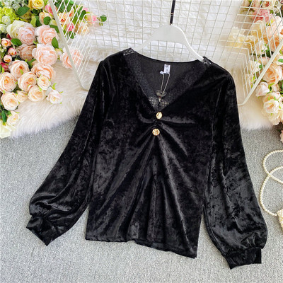 Női bársony ing csipke nyakkivágással és hosszú ujjal