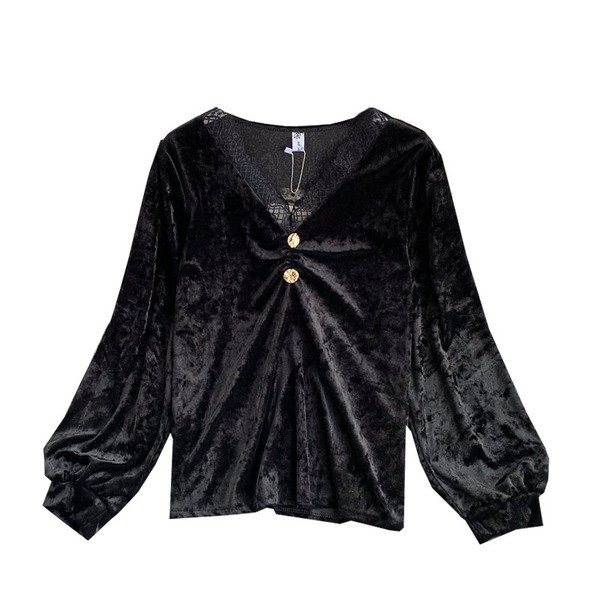 Női bársony ing csipke nyakkivágással és hosszú ujjal