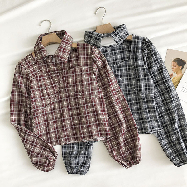 Új modell kockás női ing elülső zsebekkel