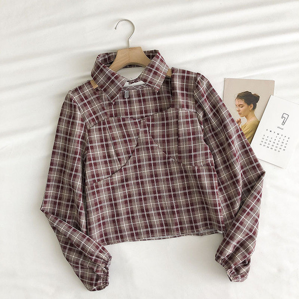 Új modell kockás női ing elülső zsebekkel