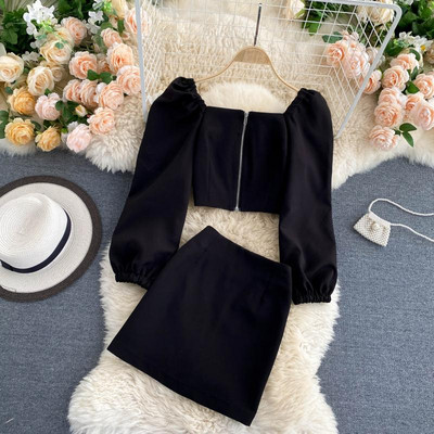 Γυναικείο casual σετ φούστα και πουκάμισο με φερμουάρ