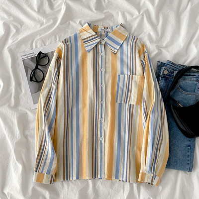 Ριγέ γυναικείο πουκάμισο φαρδύ μοντέλο με κλασικό γιακά και τσέπη