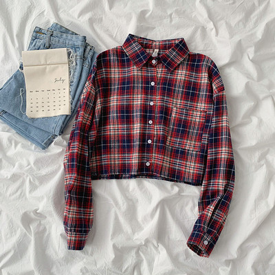 Γυναικείο πουκάμισο καρό με κλασικό γιακά και τσέπη