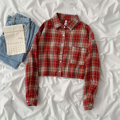 Γυναικείο πουκάμισο καρό με κλασικό γιακά και τσέπη