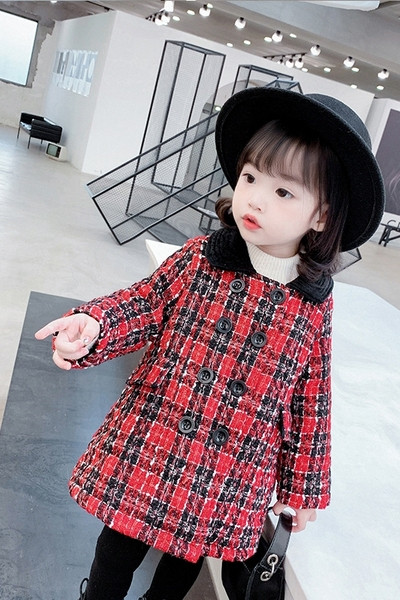 Μοντέρνο παιδικό καρό παλτό με κουμπιά  για κορίτσια