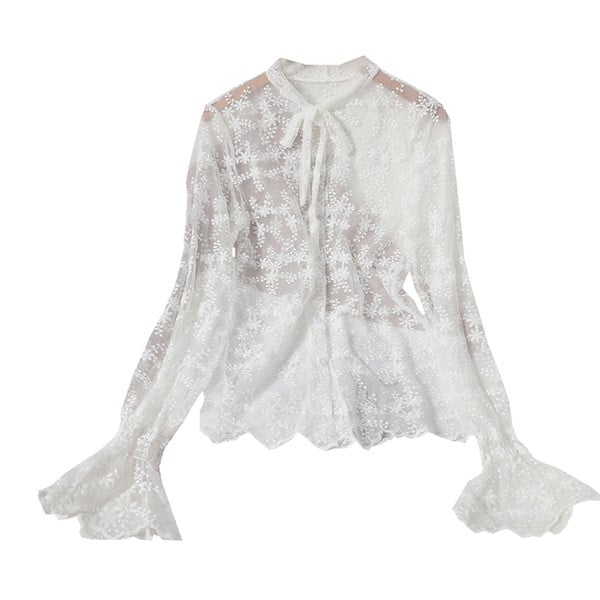 Női csipke ing hosszú ujjal és gallérral szalaggal