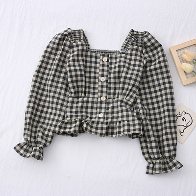 Νέο μοντέλο γυναικείο καρό πουκάμισο με τετράγωνο ντεκολτέ