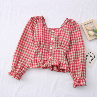 Νέο μοντέλο γυναικείο καρό πουκάμισο με τετράγωνο ντεκολτέ