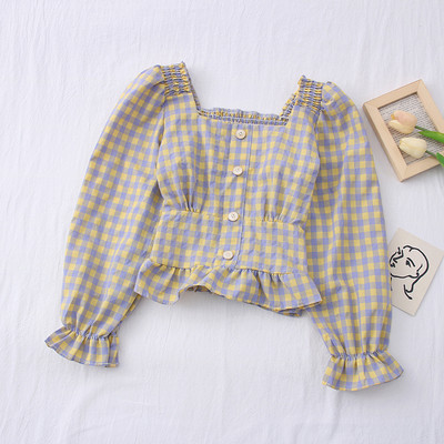 Νέο μοντέλο γυναικείο καρό πουκάμισο με τετράγωνο ντεκολτέ