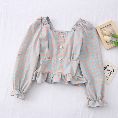 Νέο μοντέλο γυναικείο καρό πουκάμισο με τετράγωνο ντεκολτέ