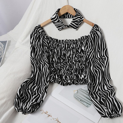 Női ing kerek nyakkivágással és klasszikus gallérral - zebra mintás