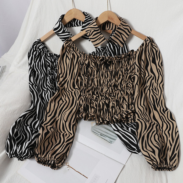 Női ing kerek nyakkivágással és klasszikus gallérral - zebra mintás