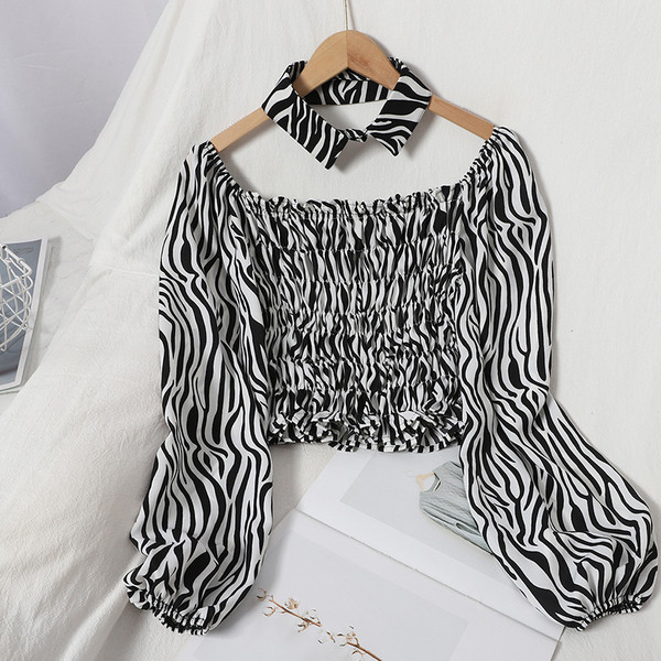 Női ing kerek nyakkivágással és klasszikus gallérral - zebra mintás