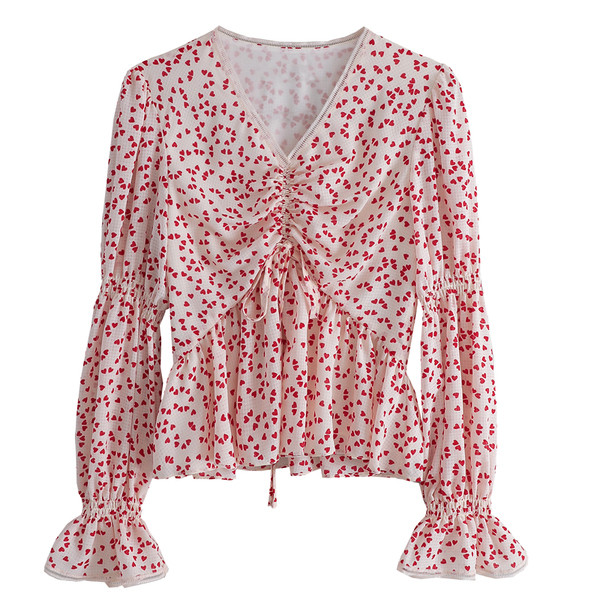 Modern női ing spitz nyakkivágással és lótusz ujjakkal a szíveken