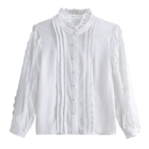 Elegáns női ing alacsony gallérral és csipkeujjakkal