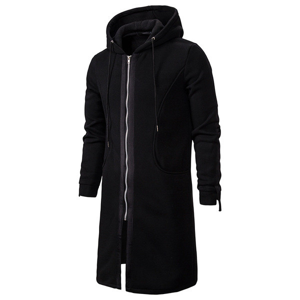Fekete hosszú férfi pulóver kapucnival és cipzárral