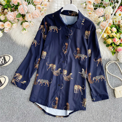 Női ing klasszikus gallérral és leopárdmintával