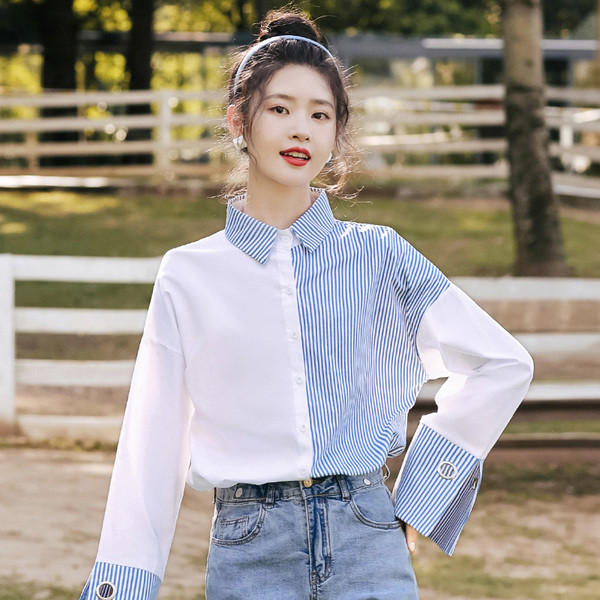 Új modell női ing klasszikus gallérral és kék gombokkal