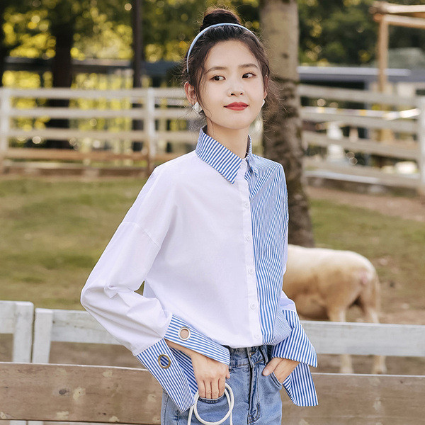 Új modell női ing klasszikus gallérral és kék gombokkal