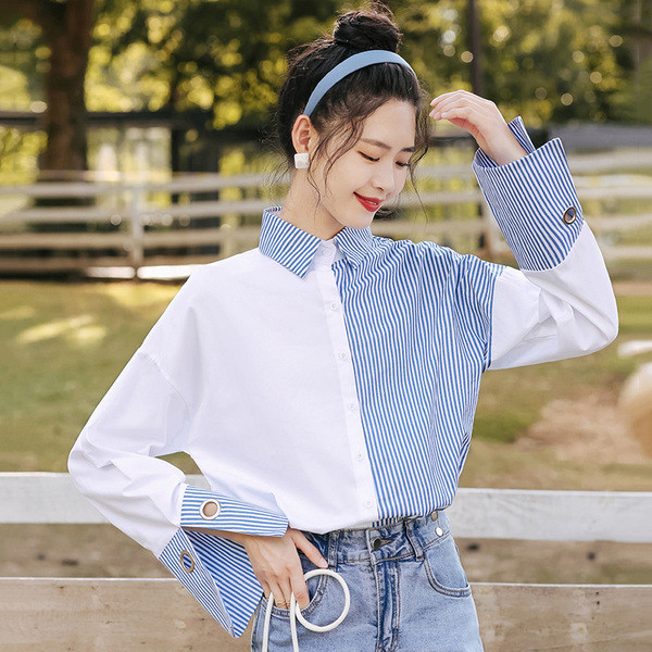 Új modell női ing klasszikus gallérral és kék gombokkal