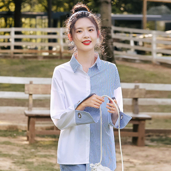 Új modell női ing klasszikus gallérral és kék gombokkal