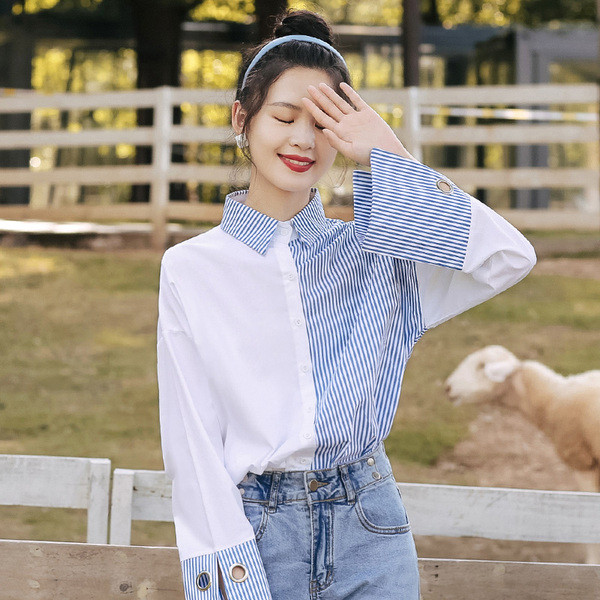 Új modell női ing klasszikus gallérral és kék gombokkal