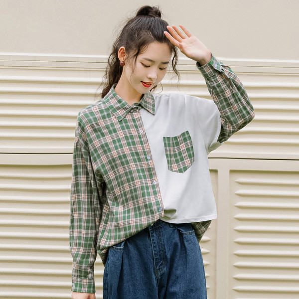 Γυναικείο καρό πουκάμισο σε πράσινο χρώμα με κλασικό γιακά και τσέπη