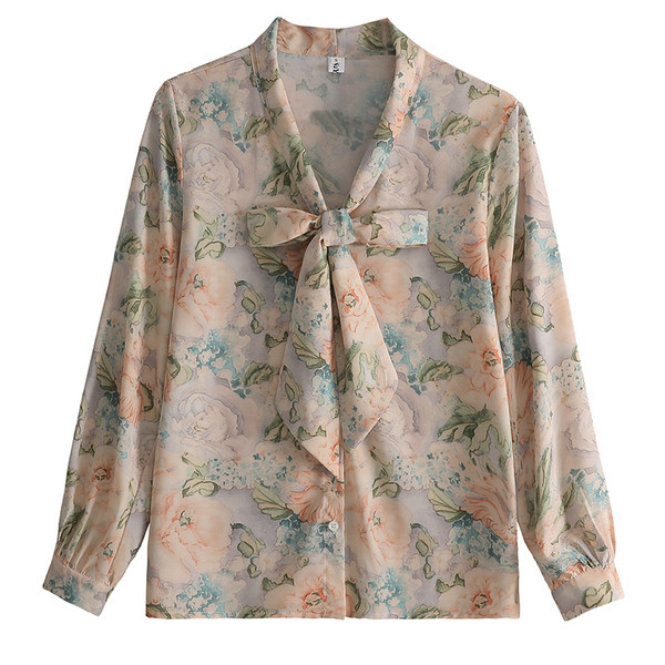 Moodne naiste lillelise mustri ja lipsudega šifoonisärk