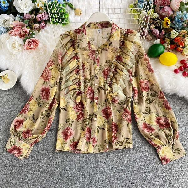 Modern női ing virágmintával és fürtökkel - klasszikus tojás