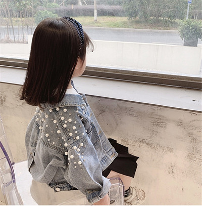 Μοντέρνο παιδικό τζιν μπουφάν για κορίτσια με πέρλες