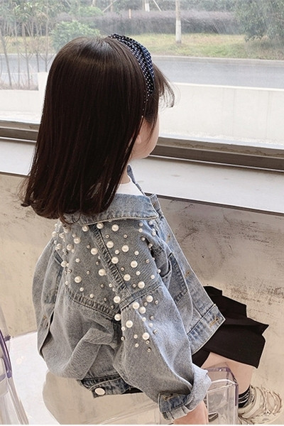 Μοντέρνο παιδικό τζιν μπουφάν για κορίτσια με πέρλες