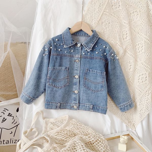 Μοντέρνο παιδικό τζιν μπουφάν για κορίτσια με πέρλες