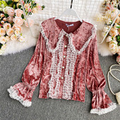 Modern női bársony ing csipkével és gyöngyökkel