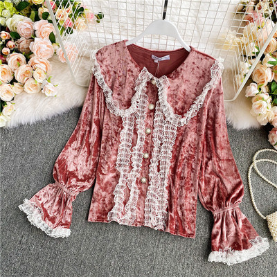 Modern női bársony ing csipkével és gyöngyökkel