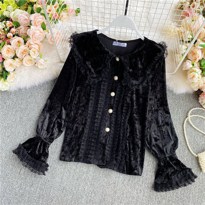 Modern női bársony ing csipkével és gyöngyökkel