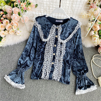 Modern női bársony ing csipkével és gyöngyökkel