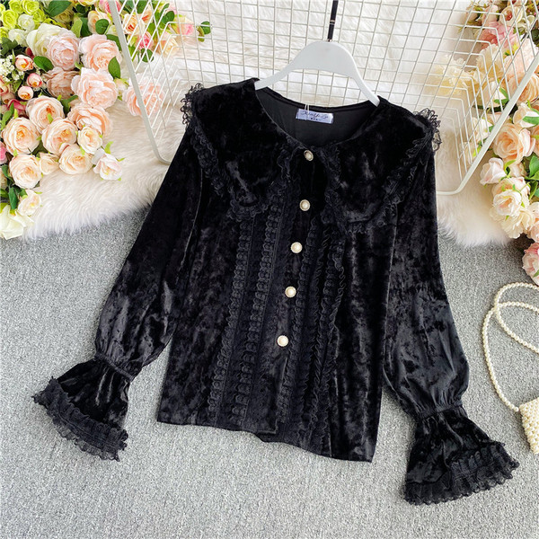 Modern női bársony ing csipkével és gyöngyökkel