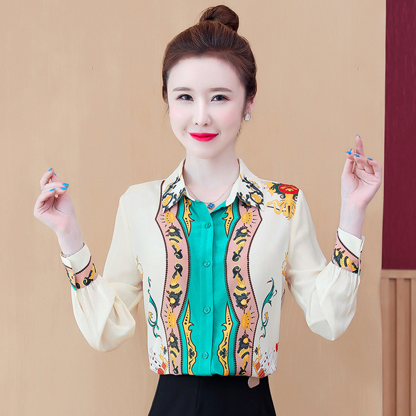 Värviline naiste särk - klassikalise krae ja pikkade varrukatega