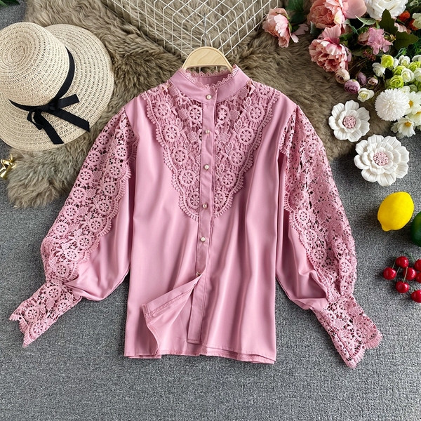 Női rózsaszín csipkeing alacsony gallérral és gombokkal