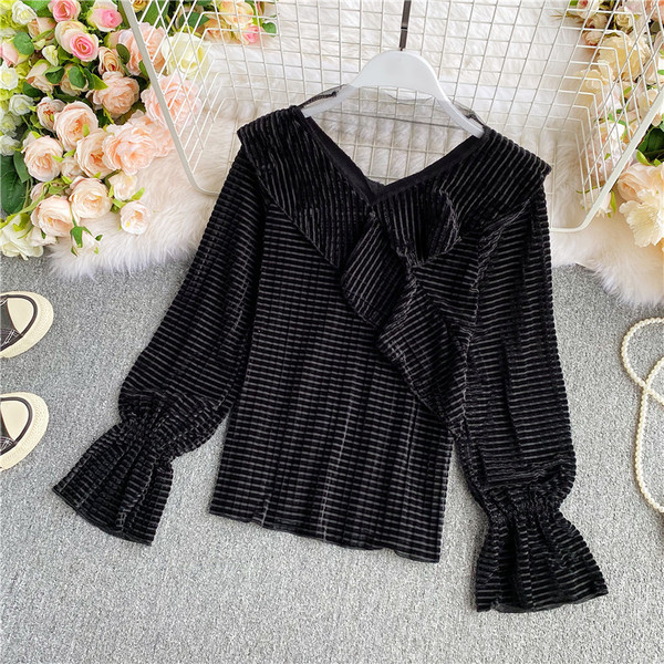 Γυναικείο μοντέρνο βελούδο πουκάμισο με λαιμόκοψη