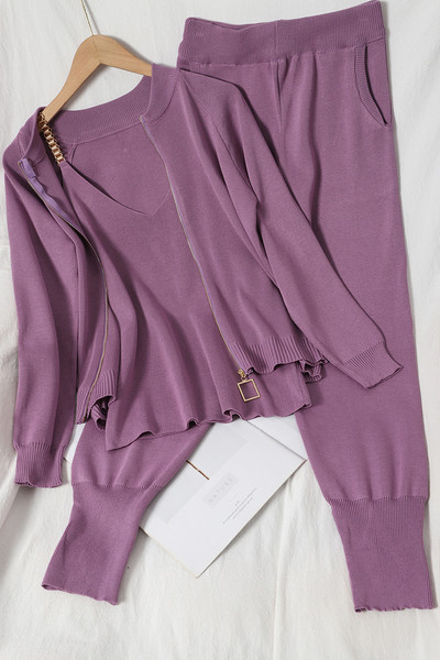 Φθινοπωρινό γυναικείο πλεκτό σετ που περιλαμβάνει γιλέκο, μπλούζα και παντελόνι