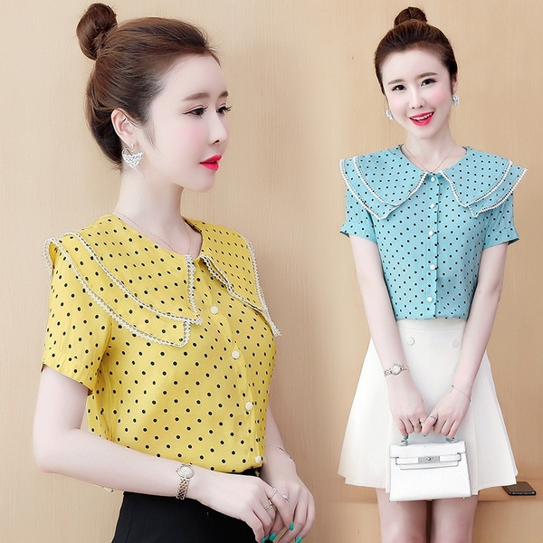 Aktuális női pöttyös ing rövid ujjal, kerek nyakkivágással