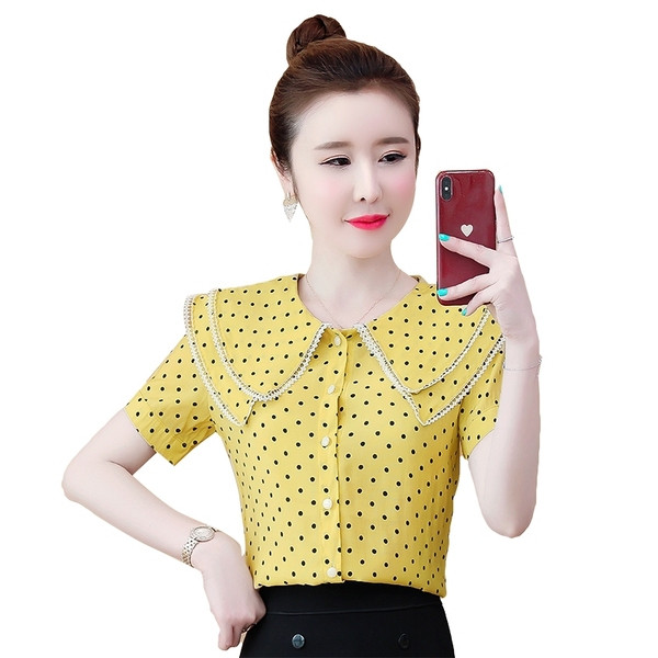 Aktuális női pöttyös ing rövid ujjal, kerek nyakkivágással