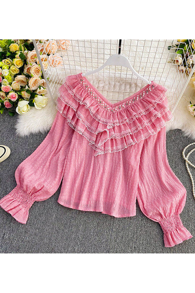 Γυναικείο πουκάμισο με βολάν και δαντέλα - ντεκολτέ 