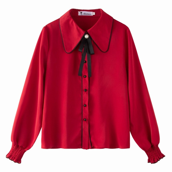 Modern női ing fehér és piros színben, kerek nyakkivágással