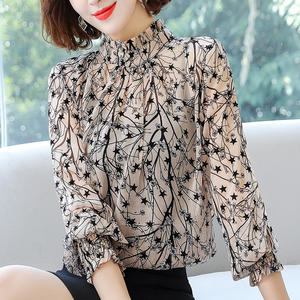 Moodne naiste šifoonist särk madala polo kraega ja pikkade varrukatega - kaks mudelit