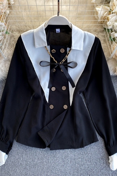 Modern női ing klasszikus gallérral és szalaggal