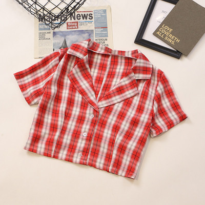 Γυναικείο πουκάμισο καρό με κοντά μανίκια και κουμπιά