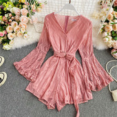 Γυναικείες ολόσωμες φόρμες από δαντέλα με μακριά μανίκια και ζώνη